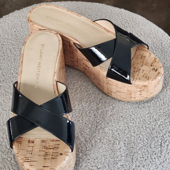 Stuart Weitzman Black Wedge Sandals - Picture 1 of 15